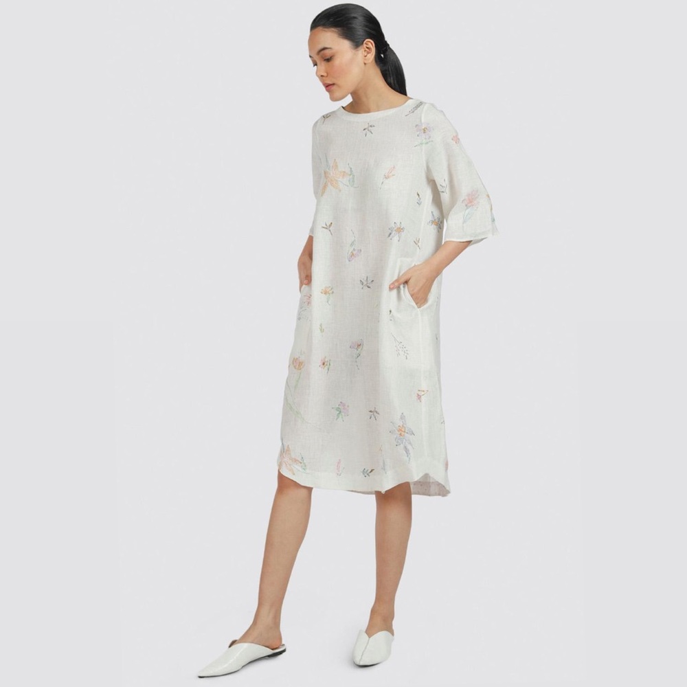 EKA White Hand Painted Mia 100% Linen Dress Sz M